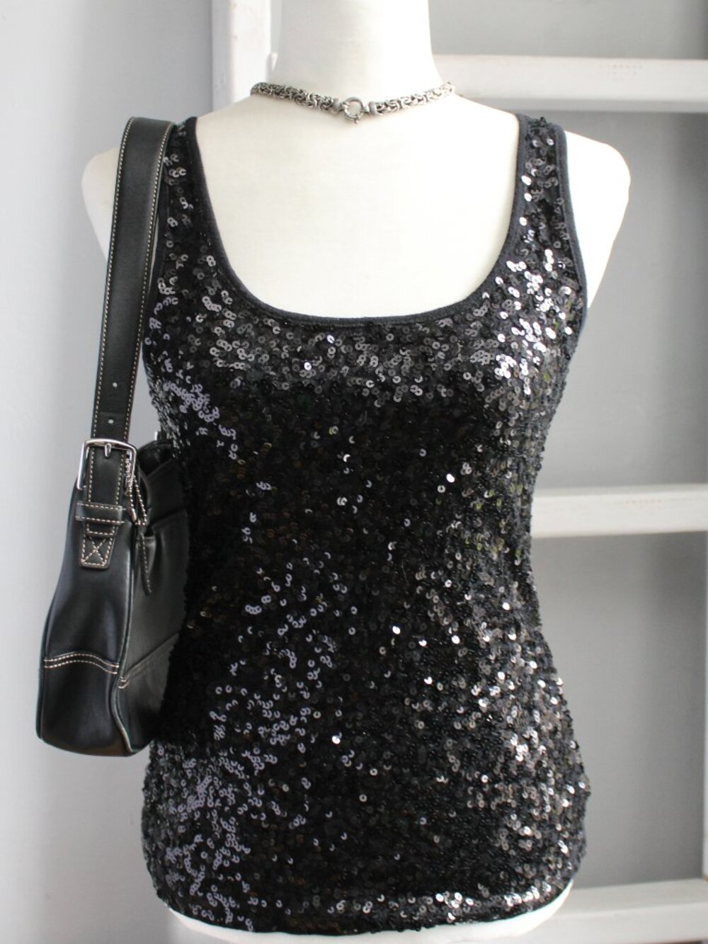 Old Navy Vintage Y2K Black Sequin Sparkle Tank Top Women's Size Medium